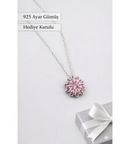 925 Ayar Gümüş Lotus Çiçek Kolye Pembe Taşlı Kadın Kolye Hediye Kutulu (Gümüş Gri)