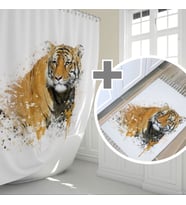 Kaplan Desenli Banyo Perdesi Takımı, Dijital Baskılı Duş Perdesi ve Paspas, Püsküllü Paspas Takımı (Çok Renkli)