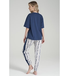 Kadın Bisiklet Yaka Yakası Baskılı Desenli Düz Paça Pijama Takımı (Renksiz)