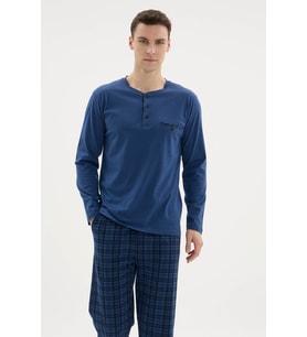 %100 Pamuk Yeni Sezon Midi Yaka Modern Tasarım Pijama Takım (Mavi)