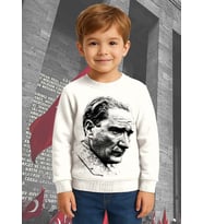 Unisex Ay Yıldızlı 19 Mayıs 29 Ekim 23 Nisan 10 Kasım Atatürk Çocuk 3 İplik Şardonlu Sweatshirt (Beyaz)