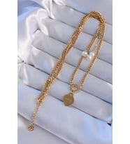 316L Çelik Gold Renk Çift Zincir İnci Detayı Love Kalp Kolye 5886 - ETC8046-6162