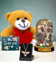 Kişiye Özel Led Işıklı Fanus & Renkli Anka Kuşu Kolye & Kalpli Peluş Ayıcık Seti (Model 4)