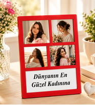 Kişiye Özel 4 Fotoğraflı Dünyanın En Güzel Kadınınıa Kırmızı Kolaj Çerçeve