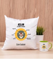 Kişiye Özel Aslan Burcuna Hediye Kare Yastık ve Yeşil Kupa