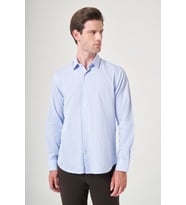 Beyaz-Mavi Sert Yaka Uzun Kol Cepsiz Slim Fit %100 Pamuk Gömlek 1004260209