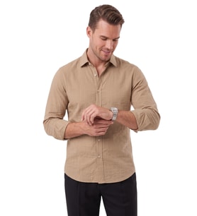 DeepSEA Erkek Slim Fit %95 Pamuk Çizgi Dokulu Açık Kahve Ütü Gerektirmeyen Gömlek 2600002
