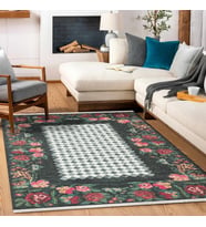 Kırmızı Halı Etnik Stil Çiçekli Yıkanabilir Salon Halısı Dijital Baskı Kısa Havlı Tasarım