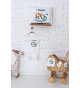 Pia Baby Premium %100 Pamuk İsme Özel Yenidoğan Erkek Bebek Tulum Yastık Kılıfı Hediye Seti 5004-07 (Ekru)