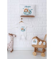 Pia Baby Premium %100 Pamuk İsme Özel Yenidoğan Erkek Bebek Tulum Yastık Kılıfı Hediye Seti 5004-07 (Ekru)