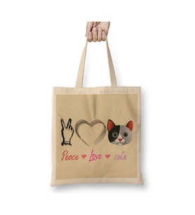 Peace Love Cats Beyaz Bez Çanta Uzun Saplı Alışveriş Çantası Plaj Çantası