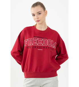 Maraton Oversize Kadın Bisiklet Yaka Kırmızı Sweatshirt