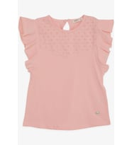 Breeze Kız Çocuk Tişört Kolları Fırfırlı Nakış Güpürlü 6-12 Yaş, Somon