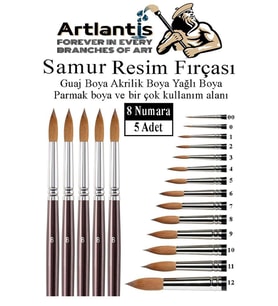 Resim Fırçası 8 Numara 5 li 1 Paket Samur Yuvarlak Uçlu Fırça Seti Guaj Sulu Akrilik Yağlı Boya Fırçaları (Naturel)