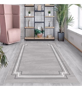 Gri Geometrik Çerçeve Desenli Yıkanabilir Kaymaz Taban Leke Tutmaz Modern Salon Halısı ve Yolluk (Gri-Beyaz)