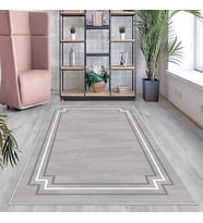 Gri Geometrik Çerçeve Desenli Yıkanabilir Kaymaz Taban Leke Tutmaz Modern Salon Halısı ve Yolluk (Gri-Beyaz)