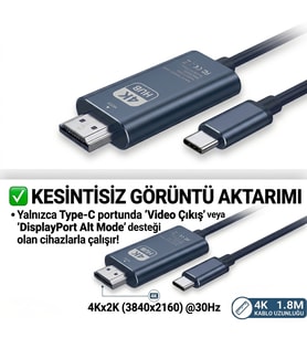 4K Ultra HD Type-C to HDMI Görüntü Aktarım Kablosu - 1.8 Metre Alüminyum Gövde Tak Çalıştır (Siyah)