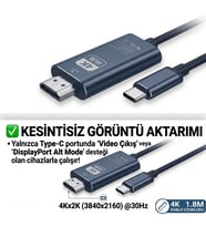 4K Ultra HD Type-C to HDMI Görüntü Aktarım Kablosu - 1.8 Metre Alüminyum Gövde Tak Çalıştır