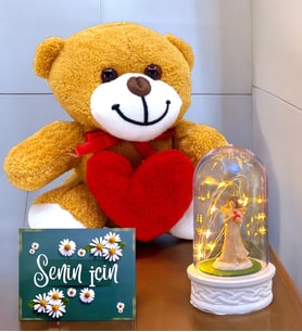 Kalpli Peluş Ayıcık ve Led Işıklı Tasarım Fanus Hediye Seti  Premium Set (Model 2)