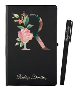 Harf Tasarımlı Kişiye Özel Hediye Siyah Defter ve Siyah Roller Kalem Seti