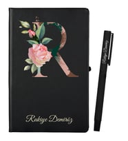 Harf Tasarımlı Kişiye Özel Hediye Siyah Defter ve Siyah Roller Kalem Seti