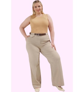 Kadın Yüksek Bel Geniş Paça Dokuma Pantolon Polyester İş Ve Günlük Yaz Aylarının Vazgeçilmezi (Vizon)
