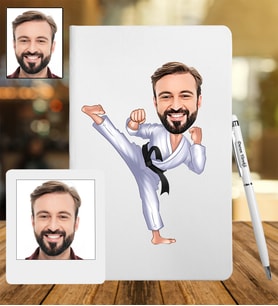 Kişiye Özel Karateci Tasarımlı Karikatür Deri Defter & Metal Tükenmez Kalem + Ahşap Çerçeve hediye 70