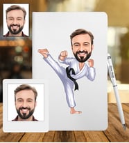 Kişiye Özel Karateci Tasarımlı Karikatür Deri Defter & Metal Tükenmez Kalem + Ahşap Çerçeve hediye 70