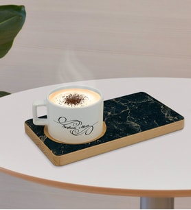 BK Gift Kişiye Özel Mermer Tasarımlı Doğal Ahşap Tabaklı Seramik Fincan Sunum Seti  Model 12