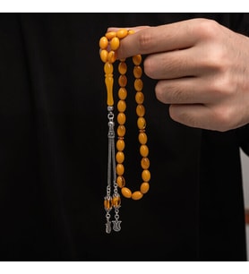 Sıkma Kehribar 925 Ayar Gümüş Tesbih (Bej)