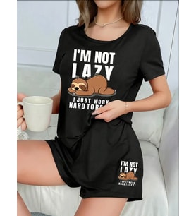 AMOR FACE ÖZEL TASARIM YÜKSEK KALİTE KUMAŞ BASKILI YAZLIK KADIN/KIZ ŞORT T-SHIRT ALT ÜST TAKIM (Siyah)