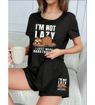 AMOR FACE ÖZEL TASARIM YÜKSEK KALİTE KUMAŞ BASKILI YAZLIK KADIN/KIZ ŞORT T-SHIRT ALT ÜST TAKIM (Siyah)
