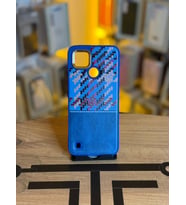 Realme C21 Uyumlu Piksel Desenli ve Deri Detaylı Premium Stil Kılıf (Mavi)
