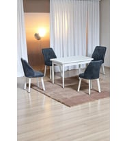 ARVEN Beyaz MDF 70x110 Sabit Mutfak Masası Takımı Beyaz Metal Ayak 4 Füme Kot Desen Sandalye