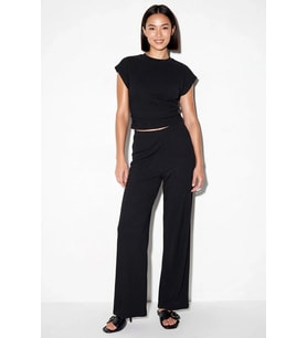Kadın Crop Üst Geniş Paça Pantolonlu Takım Bisiklet Yaka Kolsuz Likralı Rahat Kesim Günlük Modern