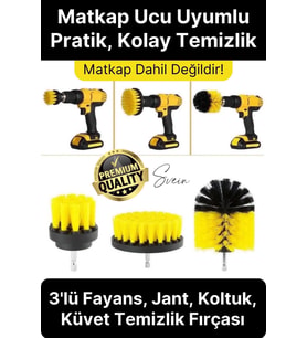 Premium 3'lü Matkap Ucu Temizleme Fırça Seti Jant Fayans Mermer Küvet Koltuk Çok Amaçlı Temizlik