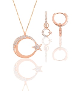 Gümüş rose zirkon taşlı ay yıldız kolye ve küpe ikili set SGTL11668ROSE