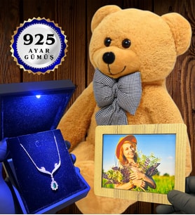 Kişiye Özel Premium Set Büyük Boy Kahve Peluş Ayıcık ve Gerçek 925 Ayar Gümüş Kolye (Model 2)