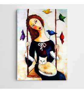 Salıncak Kedi ve Kuşlar Modern Sanat Kanvas Tablo