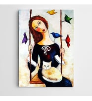 Salıncak Kedi ve Kuşlar Modern Sanat Kanvas Tablo