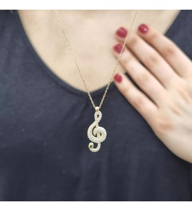 Sol Anahtarı 925 Ayar Gümüş Zirkon Taşlı Gold Kaplama Kolye (Karışık)