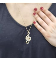 Sol Anahtarı 925 Ayar Gümüş Zirkon Taşlı Gold Kaplama Kolye (Karışık)
