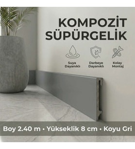 Espumo Kompozit Süpürgelik 8 cm Koyu Gri  Suya Dayanıklı Parke Duvar Süpürgelik 2,40 m ESP203