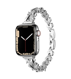Apple Watch 7 45mm Uyumlu Kordon Metal Taşlı Luxury Paslanmaz Zore KRD-103 Kayış (Gümüş)