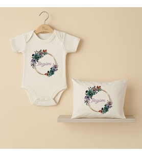 Pia Baby Premium %100 Pamuk İsme Özel Organik Baskılı Çıtçıtlı Bebek Body Ve Yastık Kılıfı 5012-19 (Ekru)