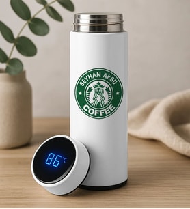 BK Gift Kişiye Özel İsimli Coffee Tasarımlı Filtreli Dijital Göstergeli Beyaz Çelik Termos-8, Arkadaşa Hediye, Sevgiliye Hediye, Yeni İş Hediyesi