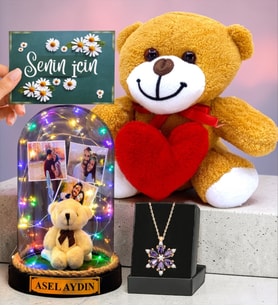Kişiye Özel Renkli Işıklı Fanus & Ametist Taşlı Lotus Kolye & Kalpli Peluş Ayıcık Seti (Model 2)