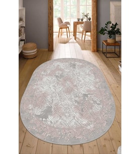 Dijital Baskılı Kaymaz Taban Yıkanabilir Oval Salon Halısı Mutfak Halısı Yolluk NDO-HY-1075 (Pembe)