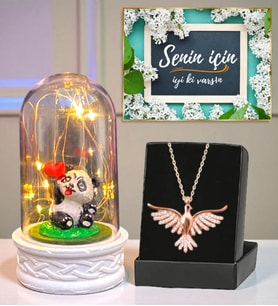 Led Işıklı Biblolu Fanus ve Gerçek Ametist Taşlı Anka Kuşu Kolye (Model 8)
