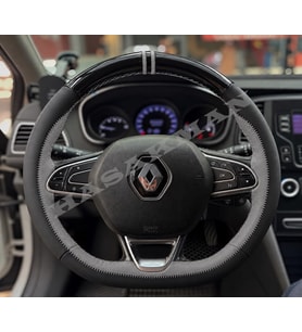 Renault Megane 4 Dikme Direksiyon Kılıfı Parlak Siyah Gri Detaylı Gri Çift Yüzük ve Dikiş 2016-2024